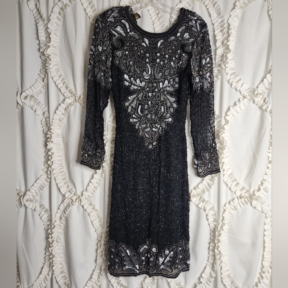 Vintage Gold Star Cocktail Dress Beaded Black & Silver 80s Open Back Sz XS